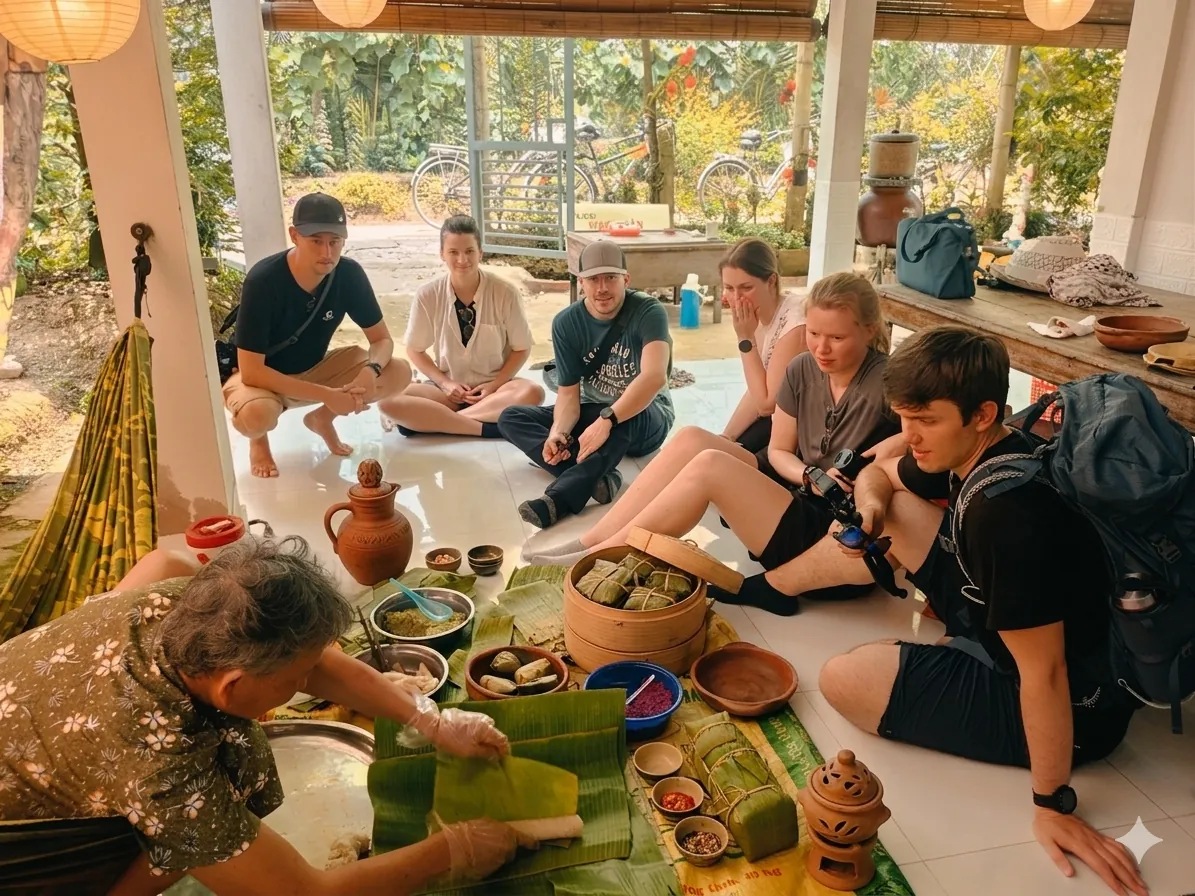 Visitors learning traditional food preparation from a local grandma in Vinh Long