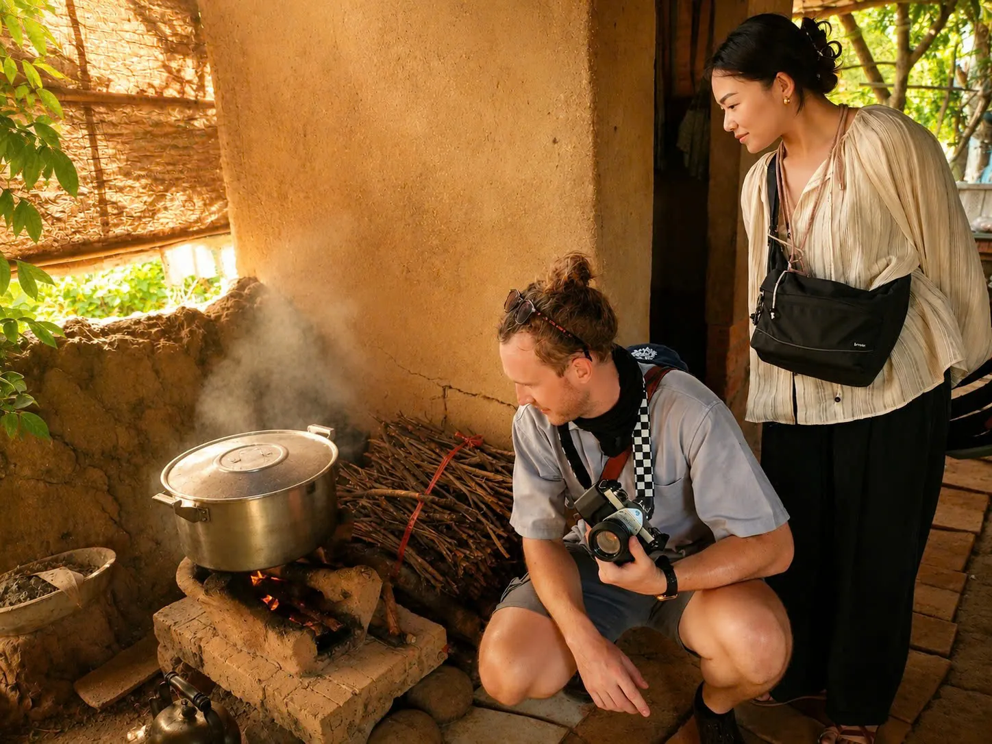 Visitors watching traditional wood fire cooking at a pottery village in Vinh Long