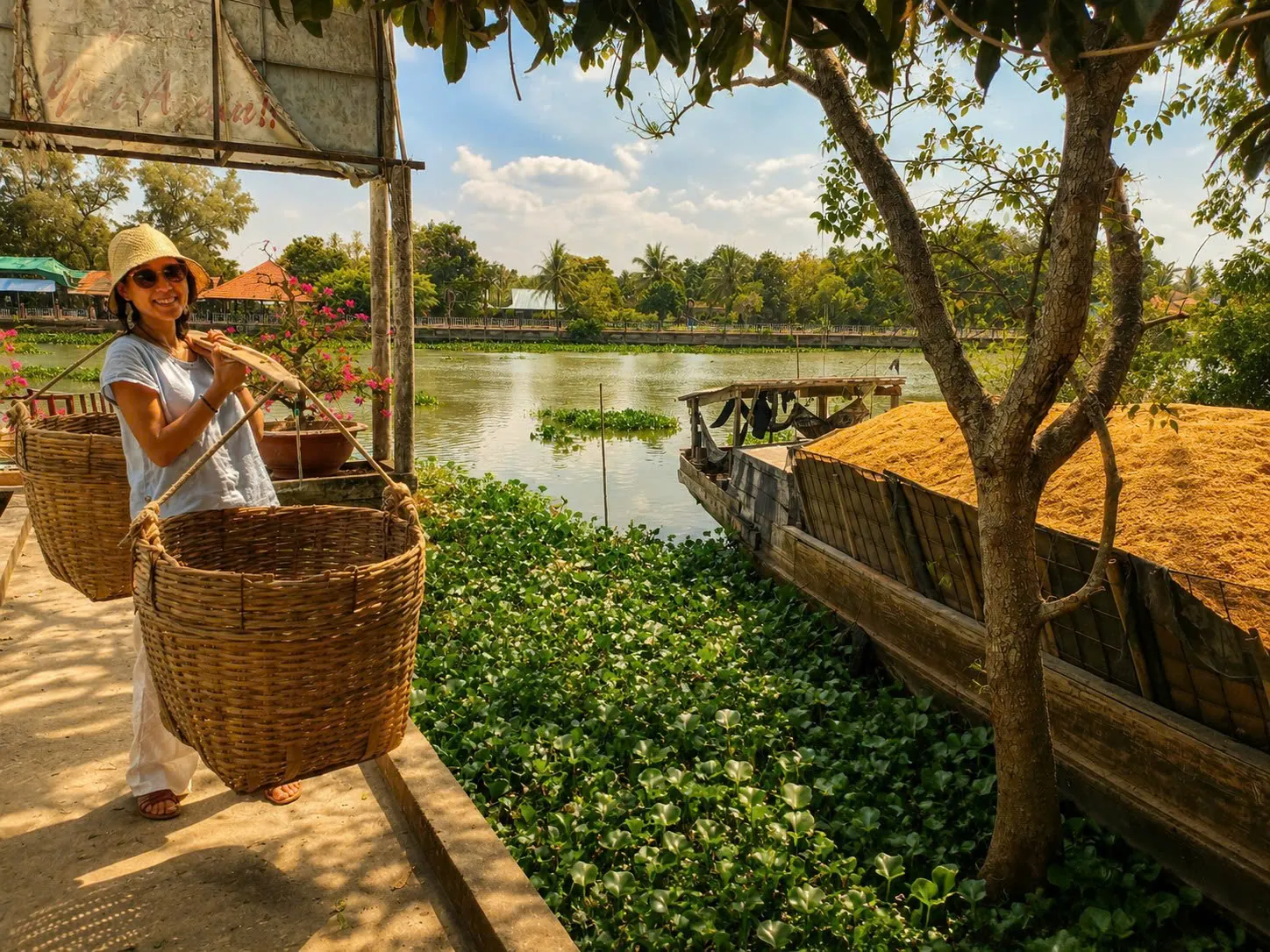 Local woman carrying baskets by the Mekong River in Vinh Long