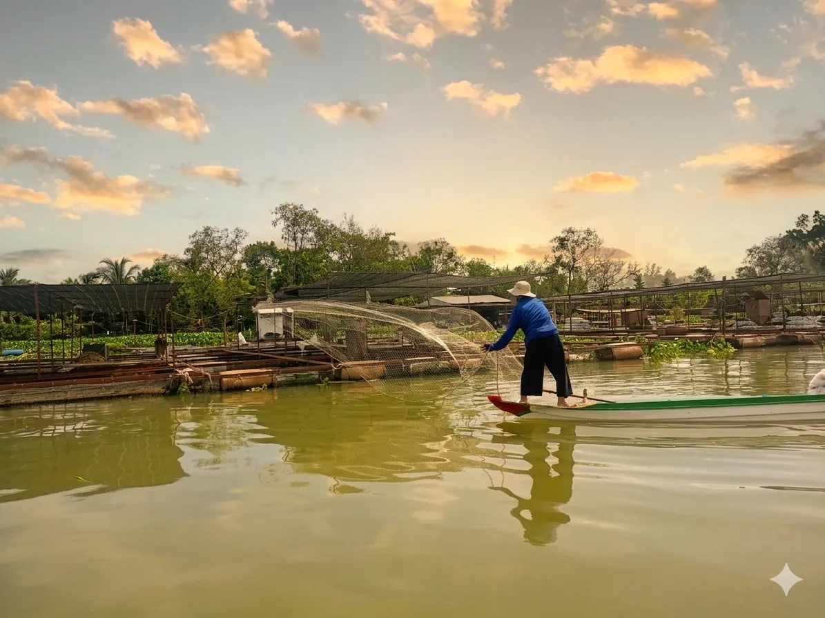 Fisherman casting a net at sunset on the Mekong River near Vinh Long