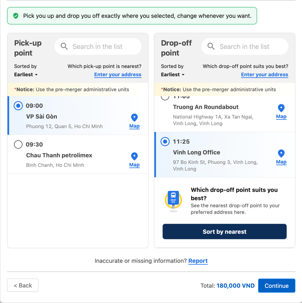 Select pickup and drop-off points