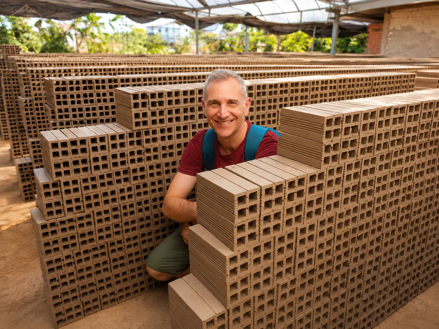 Traveler among stacked terracotta bricks at a Vinh Long pottery factory