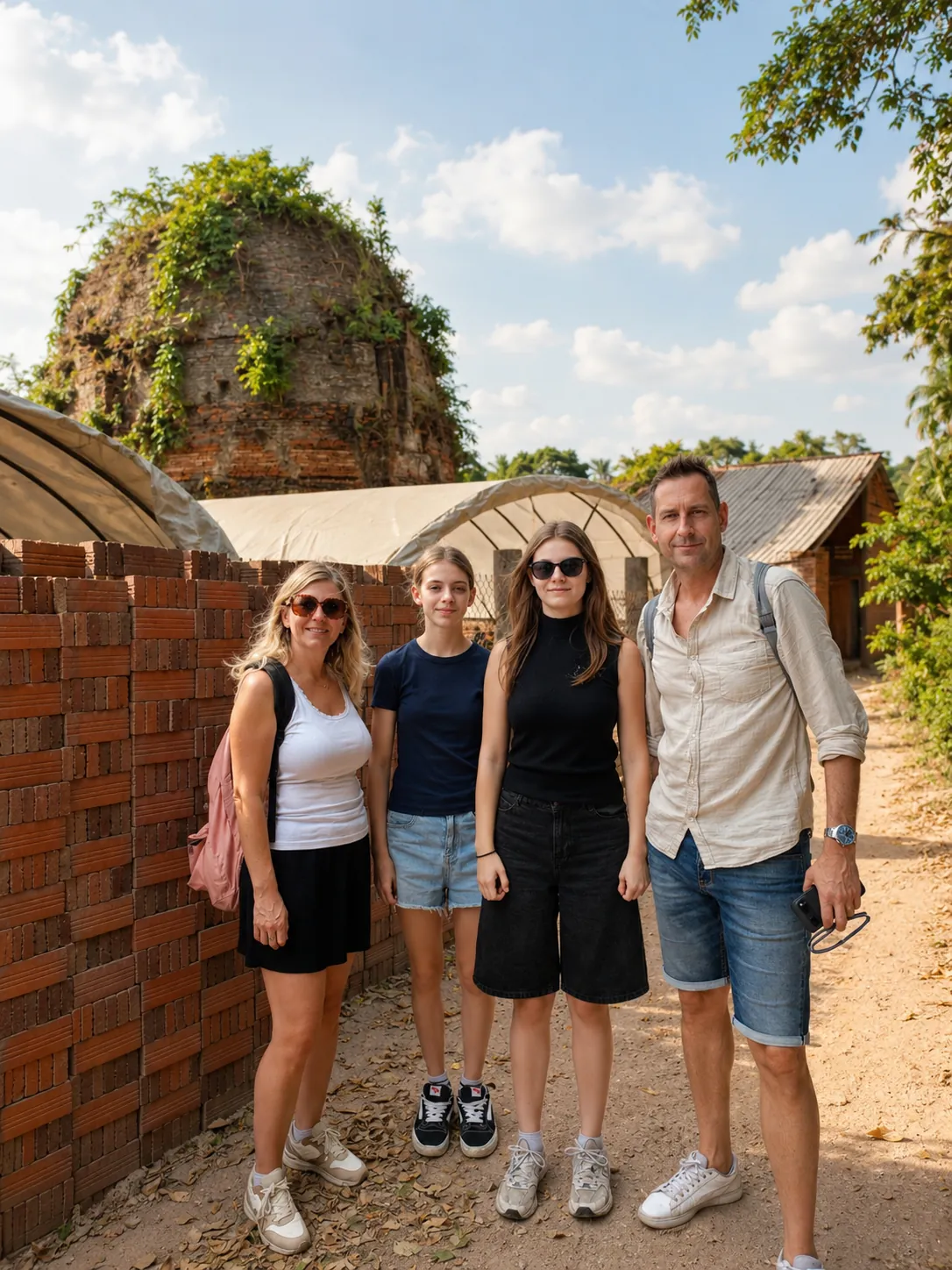 Visitors exploring the red brick kiln village in Mang Thit, Vinh Long