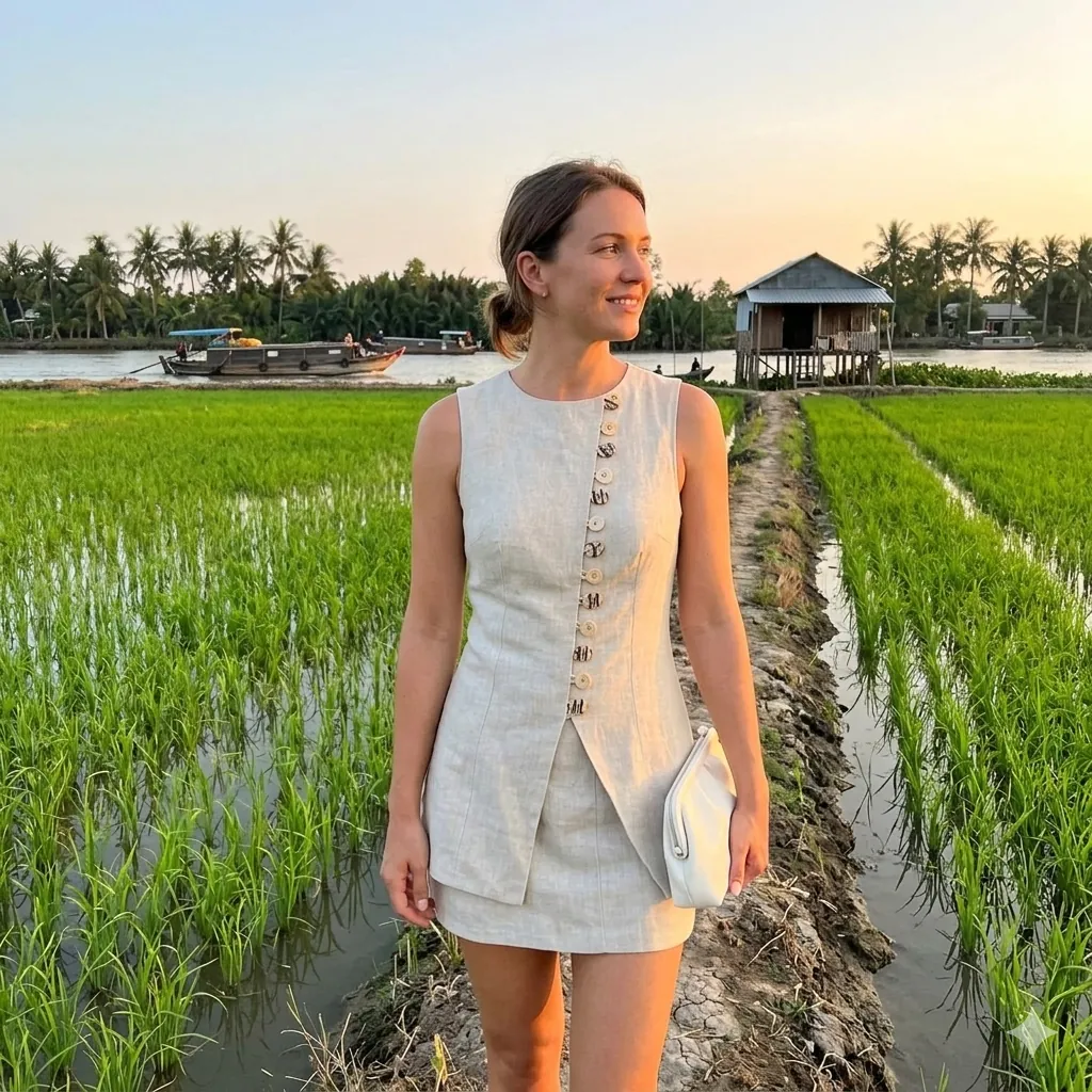 Cream linen buttoned vest and skirt set