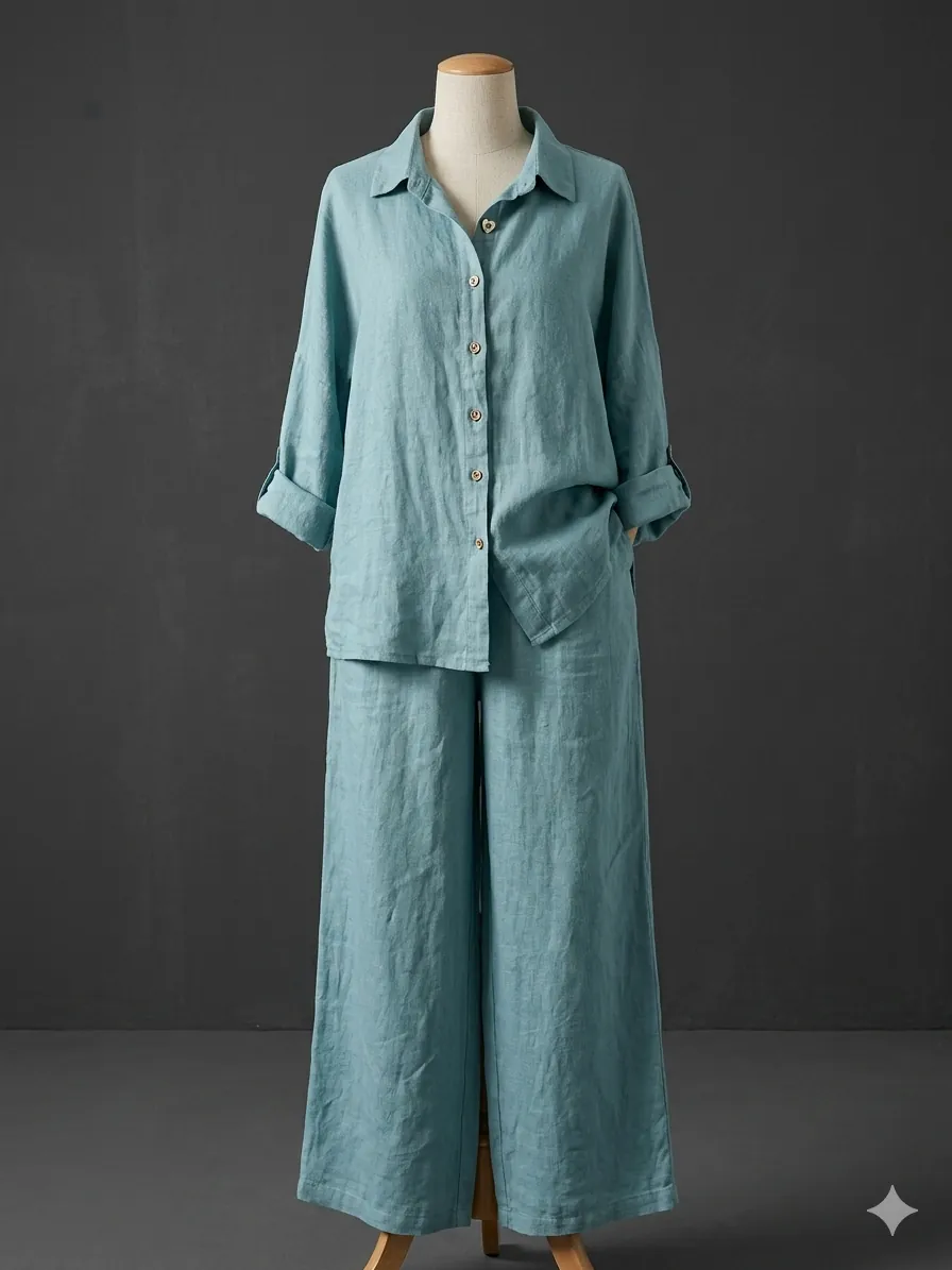 Blue linen shirt and wide-leg trousers on dress form