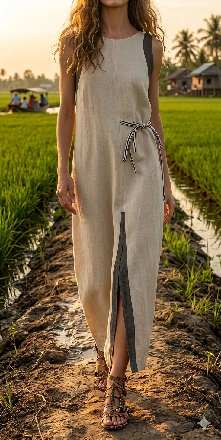 Natural linen sleeveless column dress with contrast tie