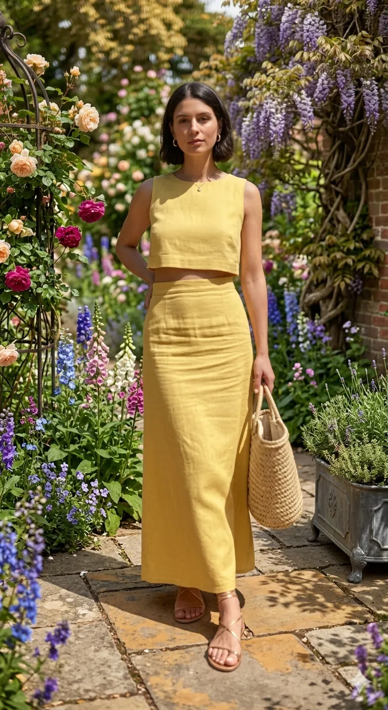 Yellow linen crop top and long skirt set