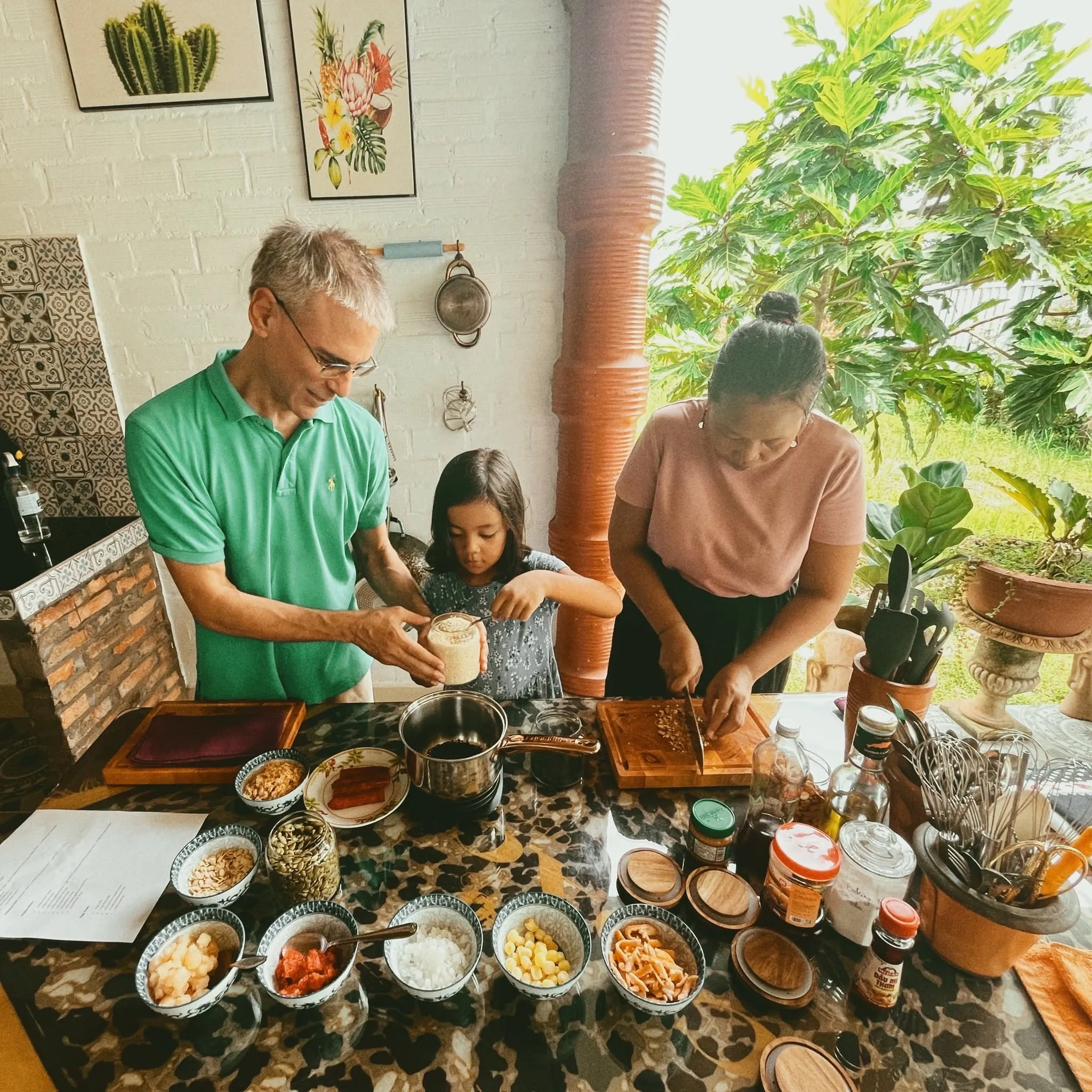 Family baking mooncakes together