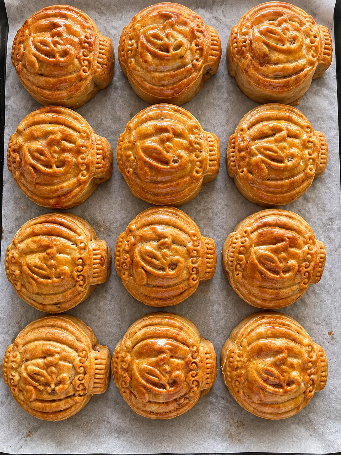Tray of baked mooncakes