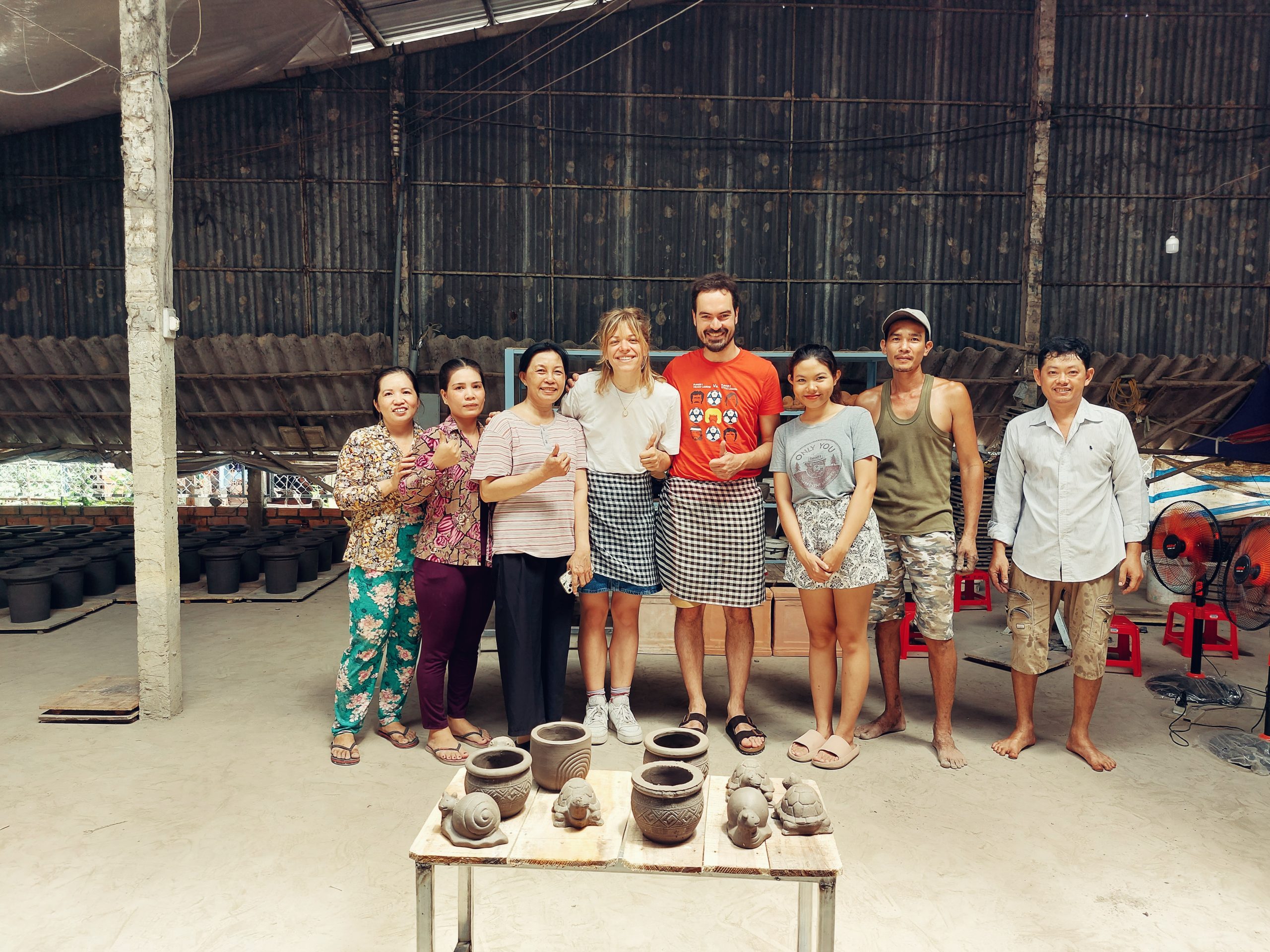 Working on large pottery pieces