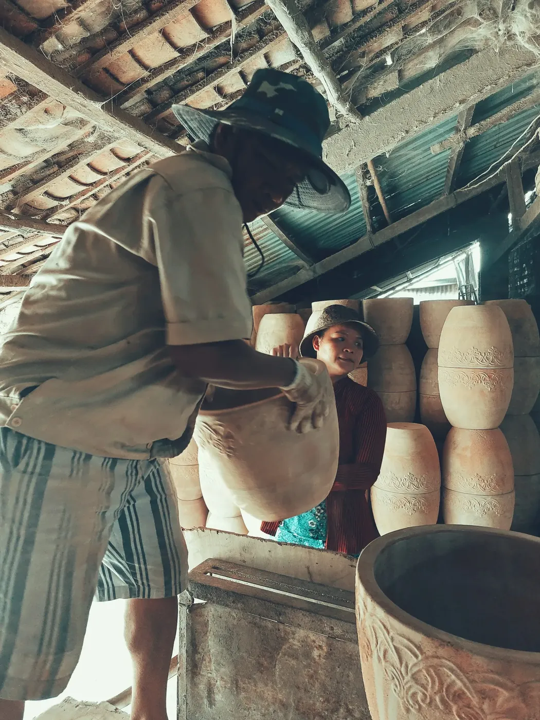 Pottery drying under shelter